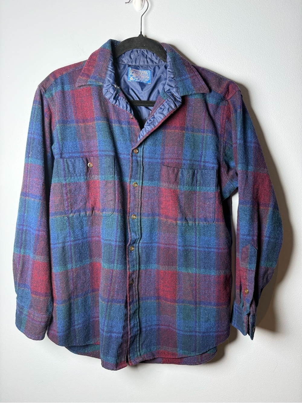 Vintage Pendleton Wool Shirt Jacket L Blue Burgundy Plaid USA Virgin Wool READ